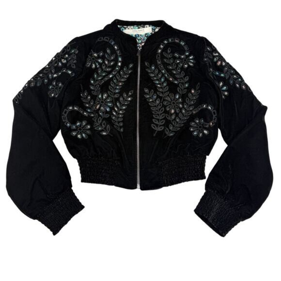 Zara Eyelet Black Velvet Bomber Jacket Womens Size Small - Picture 5 of 8